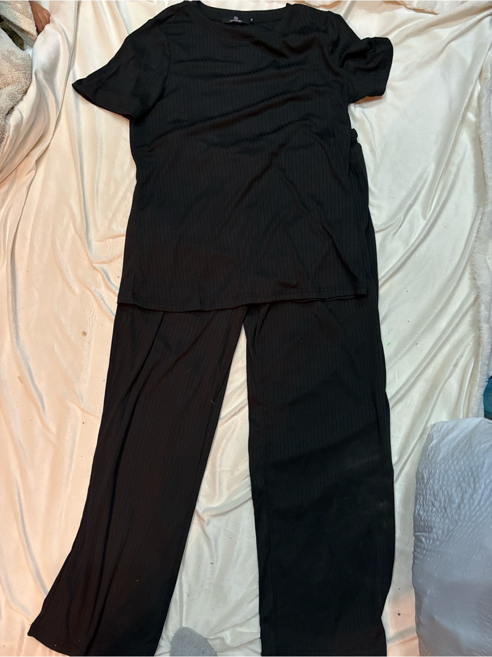 Women's Black Ribbed Wide-Leg Lounge Pants Set